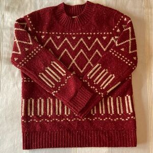 Orvis Red Wool/Cashmere Crewneck Sweater w/ Cream Geometric Pattern, sz Small